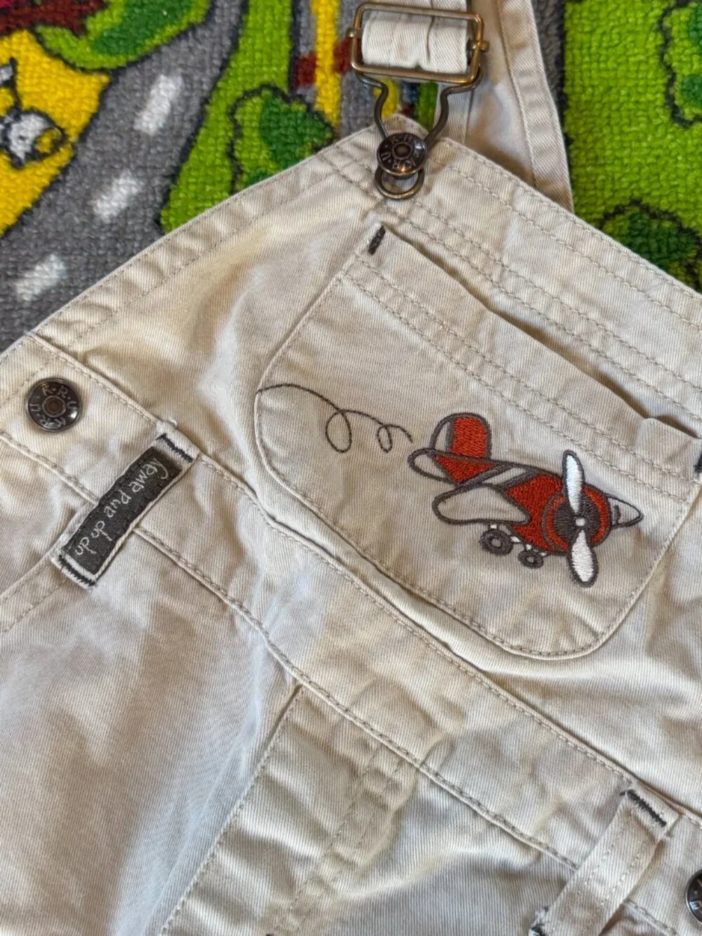 Vintage Kru Little Airplane Embroidered Beige Overalls, Size 6-9 Month Cotton